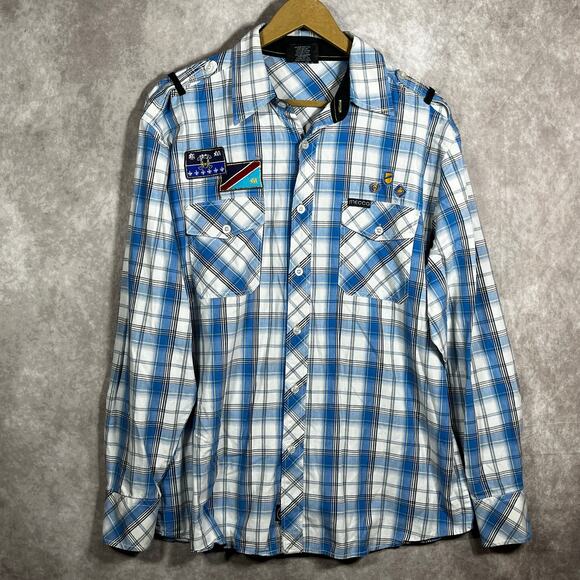 Mecca Since Day One Shirt Mens Large Blue Plaid Button Up Long Sleeve Streetwear - Picture 1 of 9